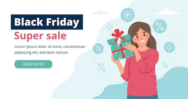 Black friday banner with woman holding a gift box.