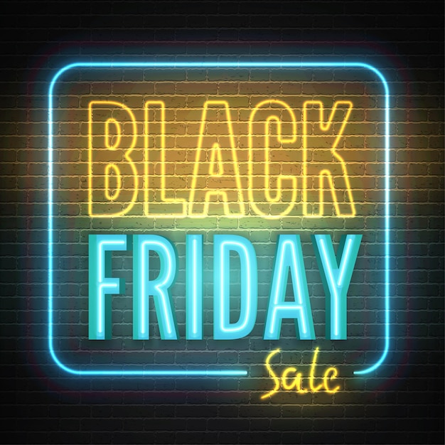 Black friday blue yellow neon light box with annual discount offer vector banner template