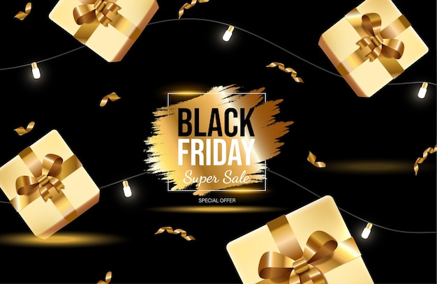 Black friday bright banner design with golden gift boxes and