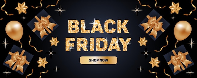 Black Friday Bright horizontal Sale vector banner realistic style Golden balloons and ribbons Gift boxes with satin bows Glitter and star lettering For advertising banner website poster flyer