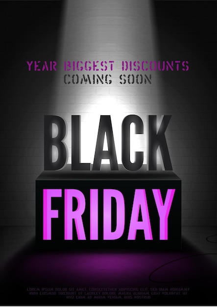 Black friday coming soon vector poster template. Limelight illuminating coming discounts advert and 3d box. Trendy sale offer with text space on brick wall background. Special price banner design