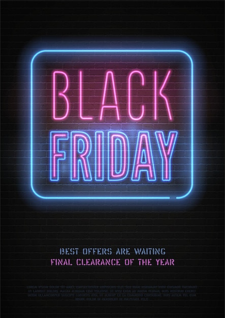 Black Friday discount neon vector banner template for luxury store