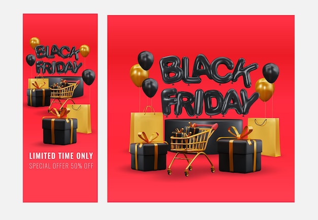 Black friday editable stories creative vector modern black friday sale social media post template an...