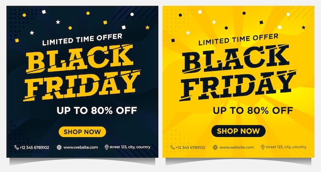 Black Friday event banners, social media post and  template in yellow and black color with dot and star ornament