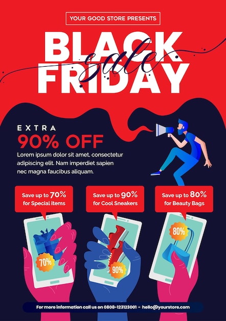 Black Friday Flyer with a man holding megaphone announce promotion and three hands holding smartphone shows discounted products in the screens