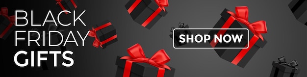 Black Friday gifts online shopping banner, with shop now button. Holiday shopping dark vector background with falling gift boxes, with red and black ribbons.