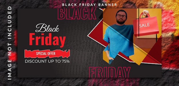 Black friday gradient color with realistic super mega sell offer with discount banner design template with a man photo