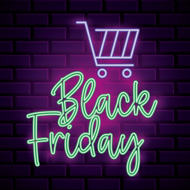 Black friday neon banner with market car over brick wall background