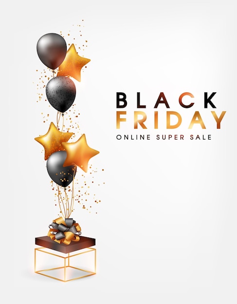 Black Friday Online Sale banner Background with helium balloons star gold gift box Poster festive