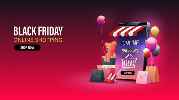 Black Friday online shopping banner. Online shopping on mobile phone and website .  banner