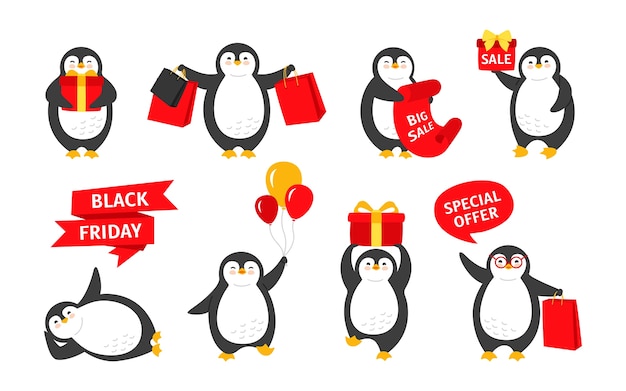 Black Friday Penguin cartoon set. Smile happy character with sale background or speech bubble. Cute flat hand drawn penguins collection.  