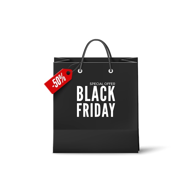 Black Friday Poster. Black paper bag with discount tag. Black friday banner template.  isolated on white background