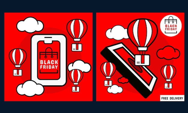 Black friday promotion banner. Mobile phone with online shopping screen and order box and balloon