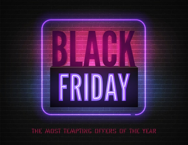 Black friday purple violet neon light box with annual discount offer vector banner template