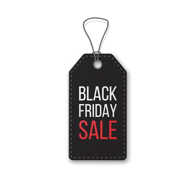 Black friday realistic textured, sale tag on a rope. Symbol of Christmas holiday sale.