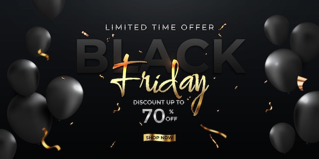 Black Friday sale advertising banner design with 3d stylized gold color letters and glossy balloons