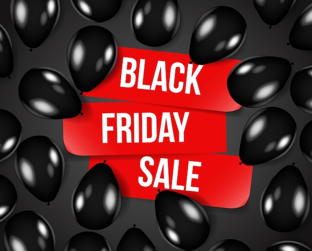 Black friday sale background with red labels. Black glossy balloons  sales background.