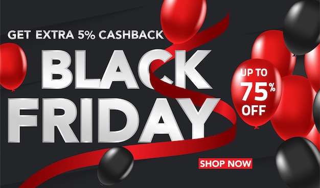 Black Friday Sale banner background with red and black ballons and conffeti