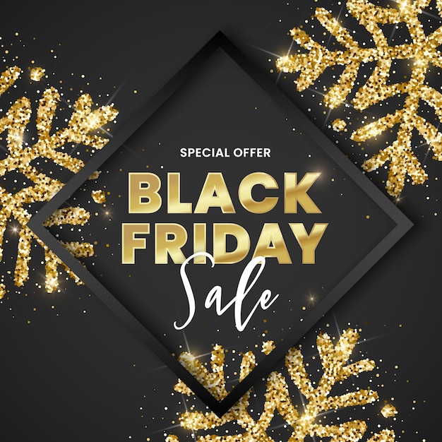  Black Friday Sale banner, black frame and golden glitter snowflakes on black background.