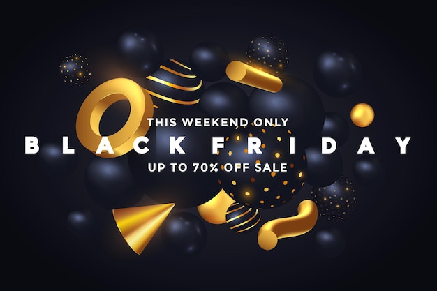 Black Friday Sale banner design. Black rubber balloon sign and geometric flowing 3d golden and black shapes with glitters. Advertising poster template design. Discount banner. Vector Illustration