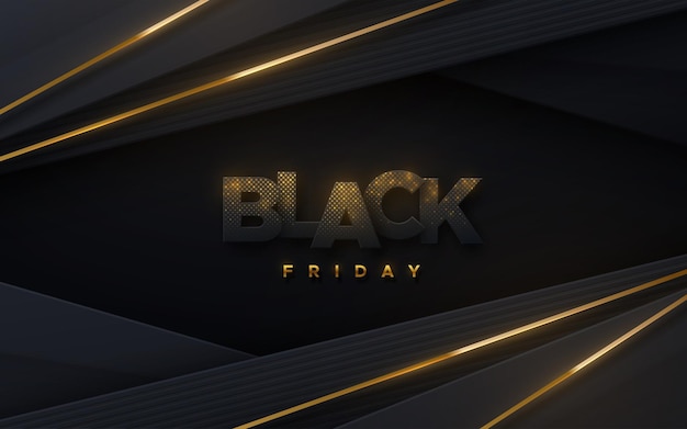 Black Friday Sale banner design Vector illustration with black paper letter sign on geometric background with golden stripes