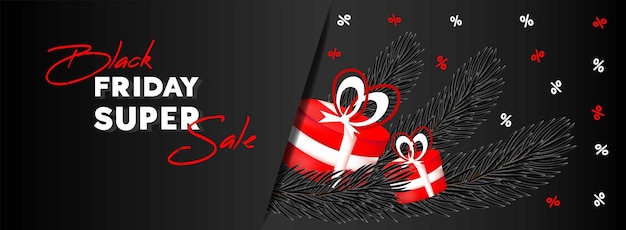 Black Friday Sale banner flyer Text cristmas tree branches and red gifts boxes on black background