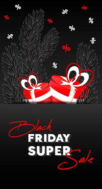 Black Friday Sale banner flyer Text cristmas tree branches and red gifts boxes on black background