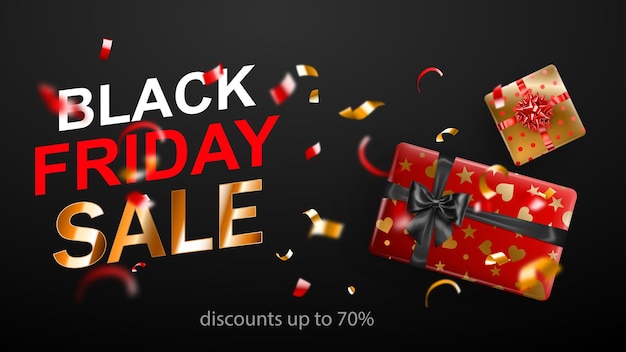 Black Friday sale banner. Gift box with bow and ribbons. Flying shiny blurry red and yellow confetti and pieces of serpentine on dark background. Vector illustration for posters, flyers or cards.