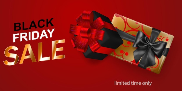 Black Friday sale banner Gift box with bow and ribbons on red background Vector illustration for posters flyers or cards