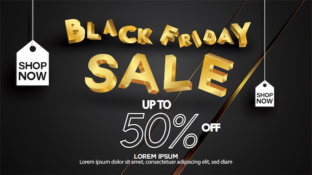 Black friday sale banner layout design background black and gold 50% discount offer. For b