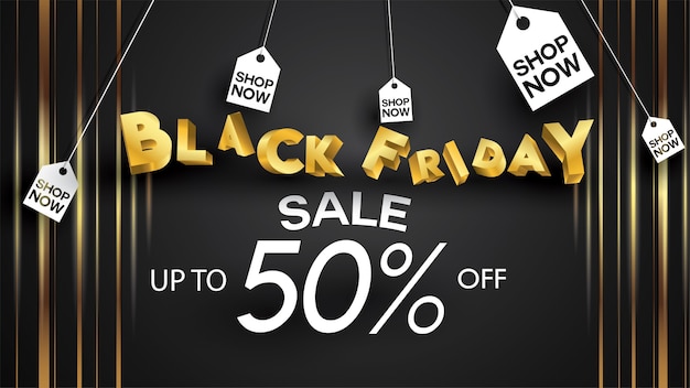 Black friday sale banner layout design background black and gold 50% discount offer flyer