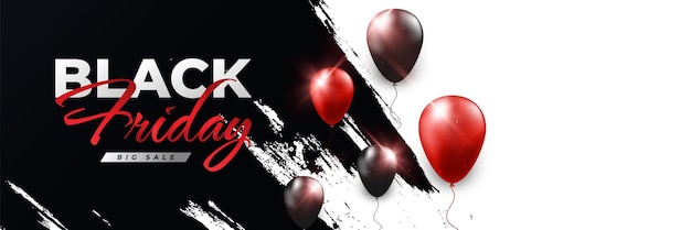 Black Friday Sale Banner or Poster with Black and Red Helium Balloons on Brush Background Advertising and Promotion Banner Design for Black Friday Campaign Shopping Website Header Template