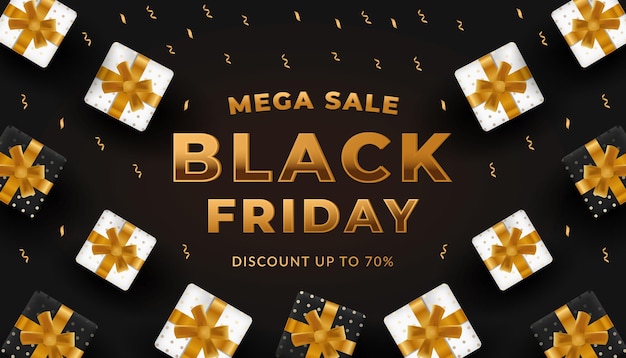 Black friday sale banner poster with gift black and white gift boxes