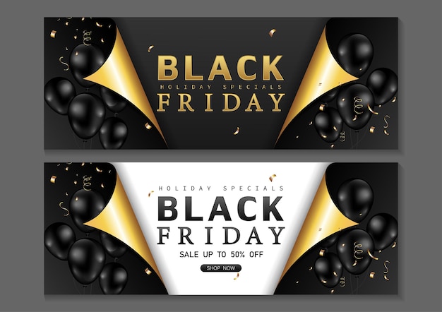 Black Friday sale banner set design page curl paper decorated with shiny glossy balloons