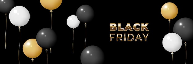 Vector black friday sale banner template with black, white, gold balloon objects on dark background. gold text lettering. realistic vector illustration.