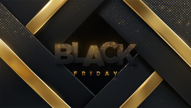 Black Friday Sale banner with black paper letter sign on geometric background with golden glitters