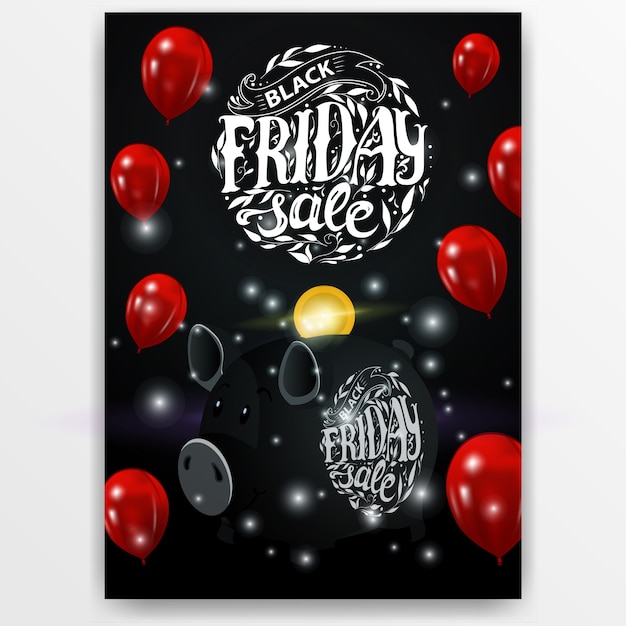 Black Friday sale. Banner with black piggy Bank and balloon