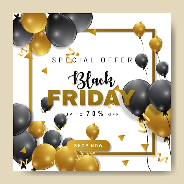 Black friday sale banner with the concept of a black and gold balloon as a complementary ornament