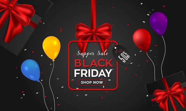 Black Friday Sale Banner with Dark Shiny Balloons on Red Background with Place for text.