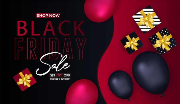 Black Friday Sale Banner With Gifts And Balloons