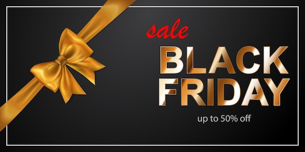 Black Friday sale banner with golden bow and ribbons on dark background. Vector illustration for posters, flyers or cards.