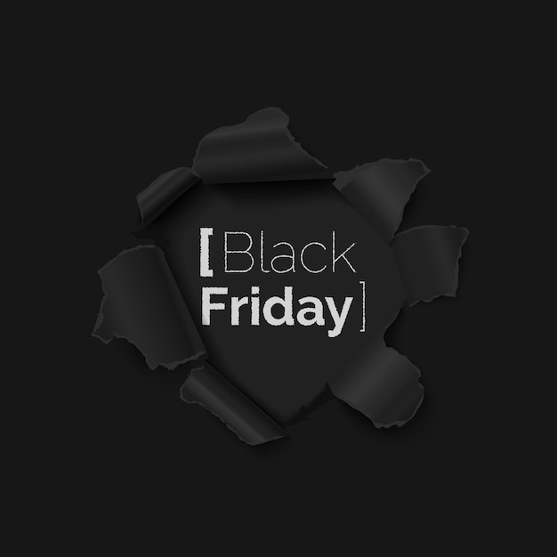 Black Friday sale banner with hole in black paper realistic vector illustration.