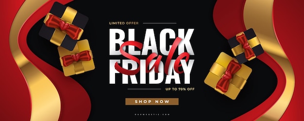 Black Friday Sale Banner with Realistic Black and Gold Gift Boxes on Wrap Paper Background Advertising and Promotion Banner Template Design for Black Friday Campaign