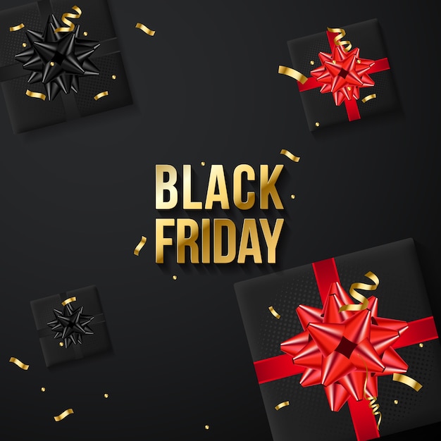 Black Friday sale banner with realistic gift boxes and gold confetti