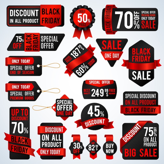 Black friday sale banners and price tag labels, selling card and discount stickers vector set. Discount and offer sticker for shop promotion illustration