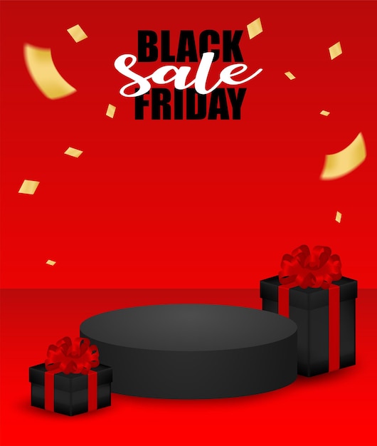 Black Friday Sale. Design with product stand and gift box on red background .Vector. illustration.