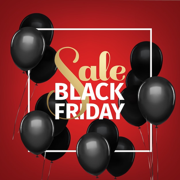 Black friday sale gold lettering Holiday shopping Red background Vector illustration Black balloons