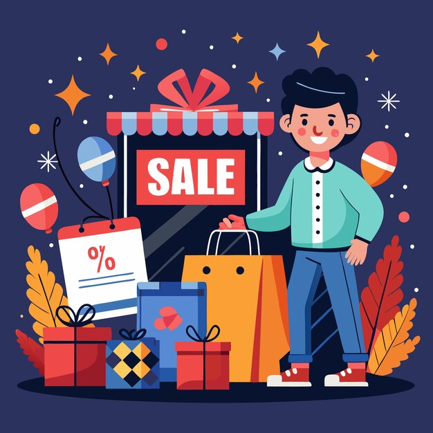 Vector black friday sale illustration with gift boxes shopping bags and discount symbols