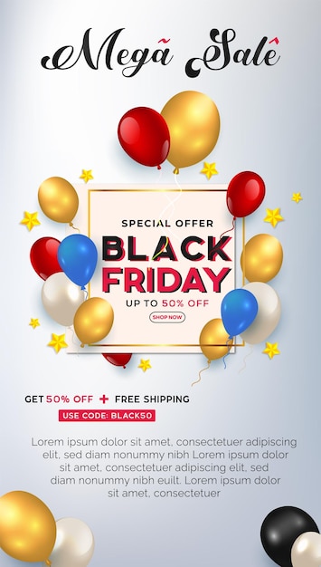 Black Friday sale Instagram story post by red, golden, blue balloons, discount for promotion