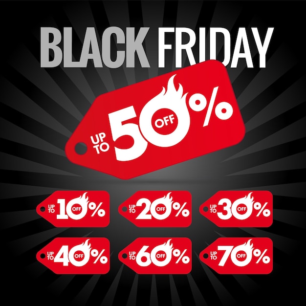 Black Friday sale labels, up to 50 percent off discount. Special offer banner, coupons or icons set.